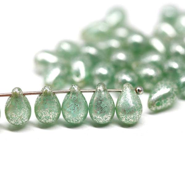 40pc Antique green czech glass drops, Silver wash light green - 6x9mm