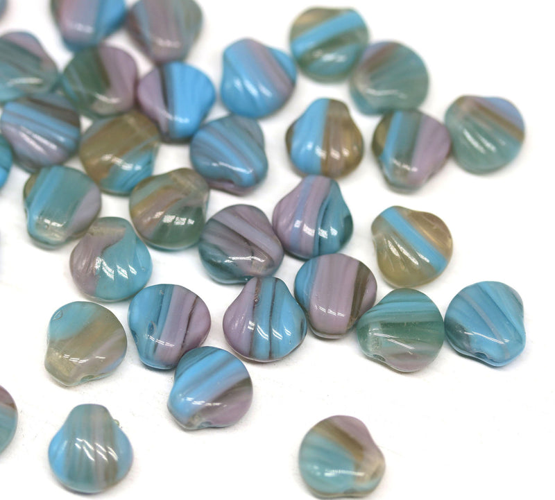 30pc Blue pink glass czech shell beads, Mixed blue - 9mm