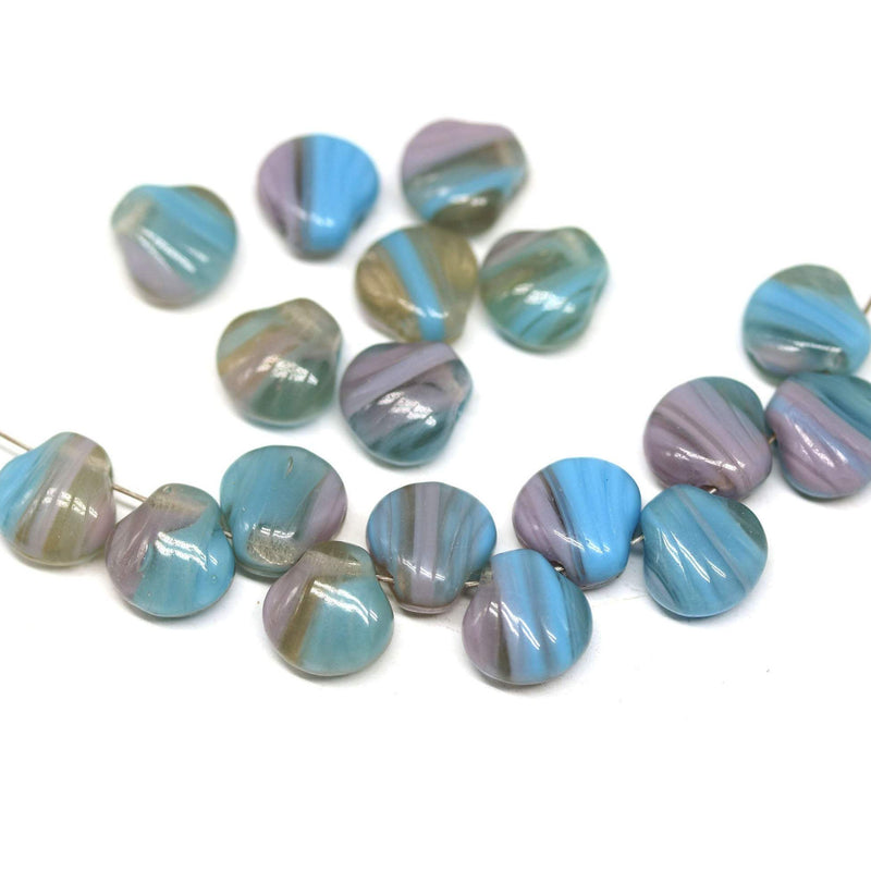 30pc Blue pink glass czech shell beads, Mixed blue - 9mm