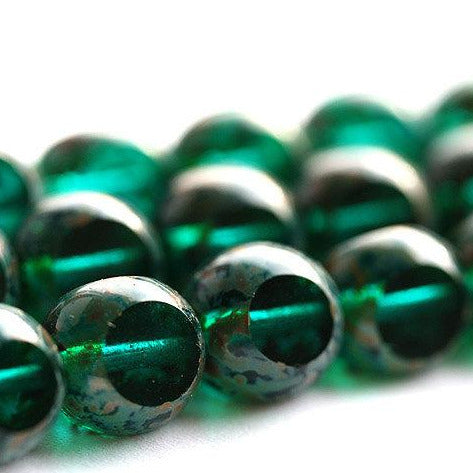8mm Dark teal green Picasso Czech Glass beads, fire polished, round cut - 20Pc