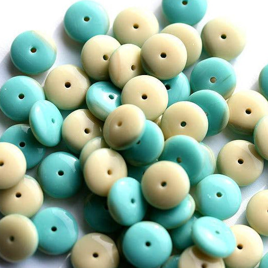 9mm Rondelle czech glass beads, Turquoise Green Beige - 25Pc