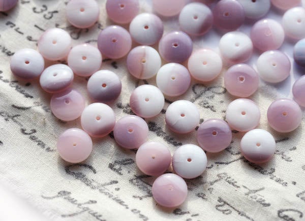 9mm Pink  czech glass rondelle beads, Lilac Pink White - 25pc