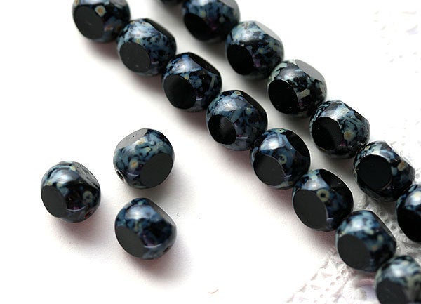 8mm Black Picasso Czech glass beads, round cut, fire polished - 15Pc