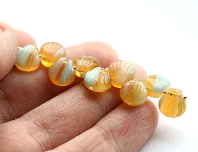 30pc Amber yellow Czech glass shell beads - 9mm