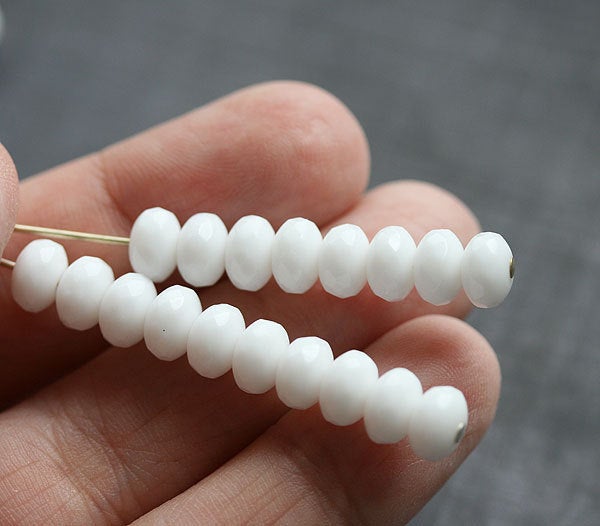 50pc White czech glass beads rondels, gemstone cut - 4x7mm