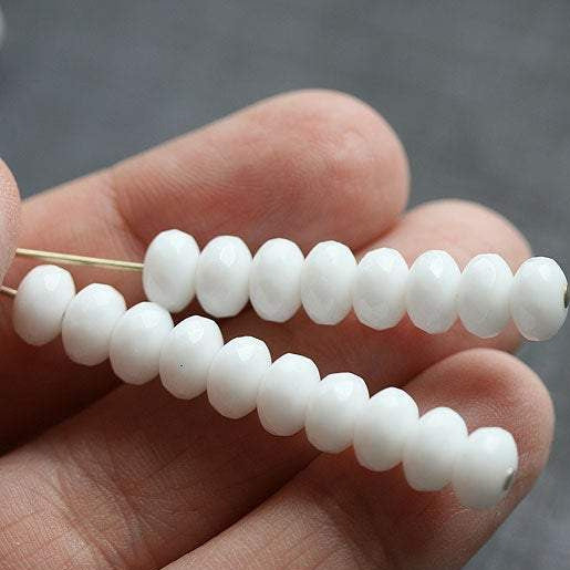 25pc White czech glass beads rondels, gemstone cut - 4x7mm