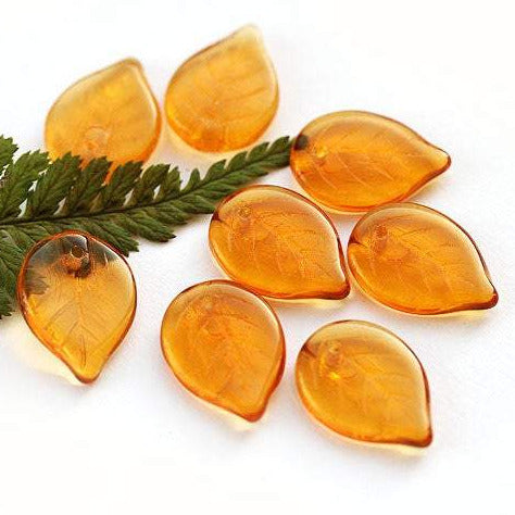 18mm Large Amber yellow leaves, czech glass, flat top drilled - 10Pc