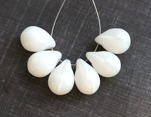 6Pc Pearly white czech glass teardrop Briolettes, large white drops -10x14mm