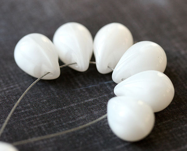 6Pc Pearly white czech glass teardrop Briolettes, large white drops -10x14mm