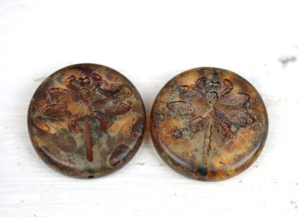 2Pc Dragonfly Czech glass beads, Picasso brown flat round - 23mm