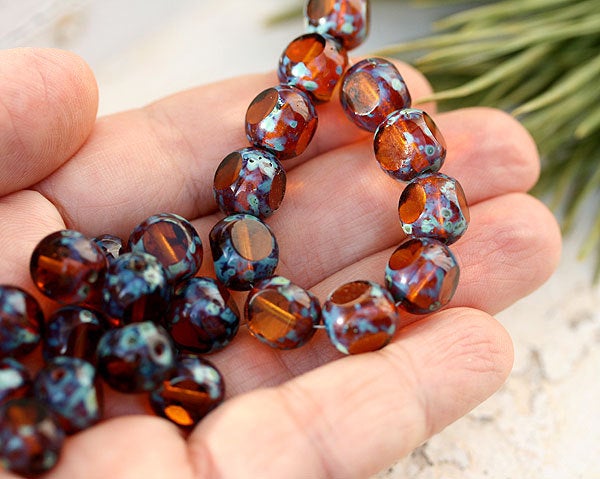 10mm Brown topaz Czech glass beads, round cut, fire polished picasso 10Pc