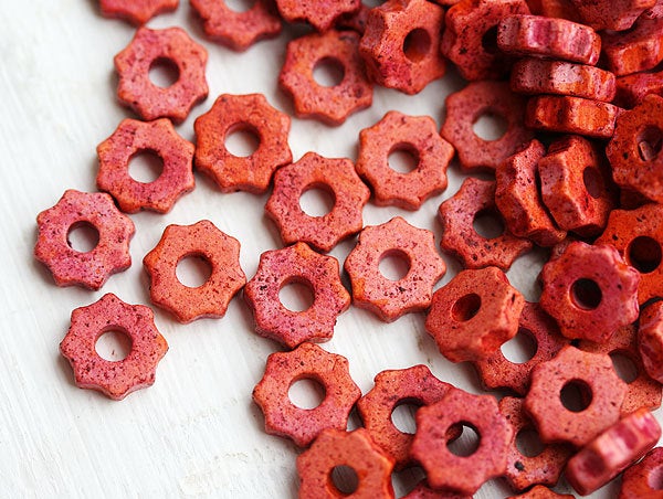 7mm Coral Red ceramic rondelle wheel beads 25pc
