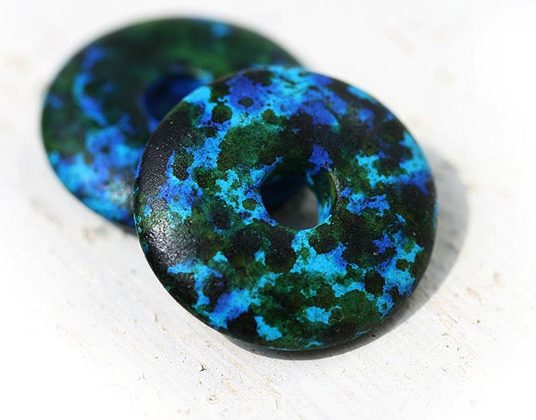 2pc Disk Ceramic Blue Green large donut focal beads 26mm