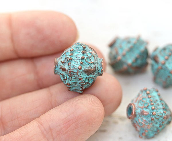 1pc Large focal ornament bicone bead, Green patina 16x14mm