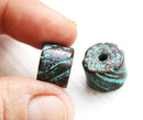 2pc round metalized tube beads, Green patina on copper