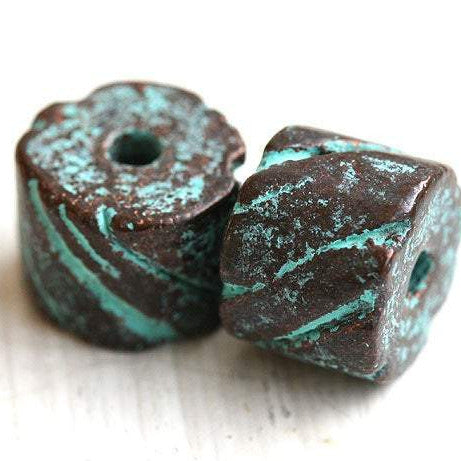 2pc round metalized tube beads, Green patina on copper