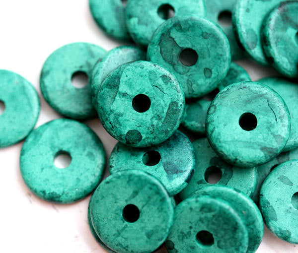 13mm Teal green Ceramic Rondelle beads 10pc