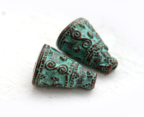 2pc Green Patina Ornament large Cone beads