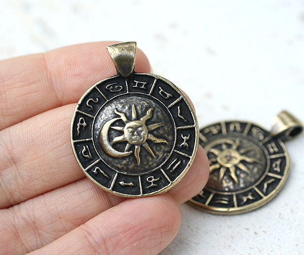 Zodiac Sun and Moon pendant bead Antique brass