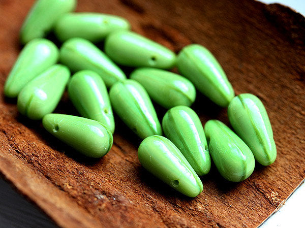 13x6mm Long Green Teardrops, Opaque Green czech glass pressed drops - 15Pc