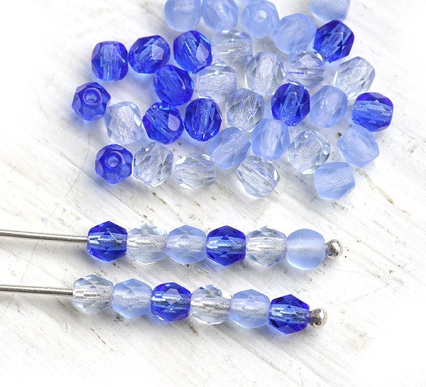 4mm Blue glass beads mix, Czech fire polished spacer - 45Pc