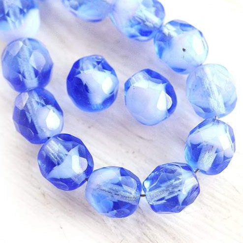 8mm Sapphire blue fire polished blue glass beads, fire polished, mixed blue color - 15Pc