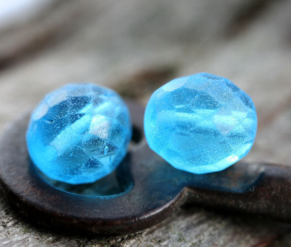 8mm Aqua Blue fire polished czech glass beads, tumbled matte finish - 15pc