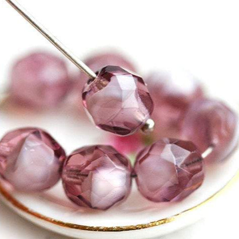 8mm Czech glass Purple pink mixed color beads, fire polished - 15Pc