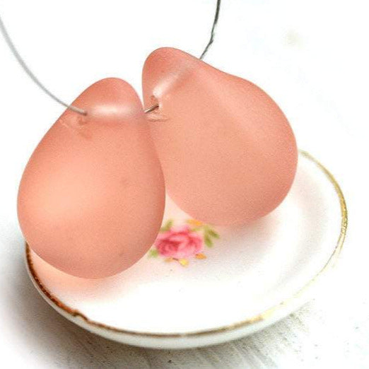 2Pc Matte Pink Teardrops czech glass pink large Briolettes Frozen Pink - 15x20mm