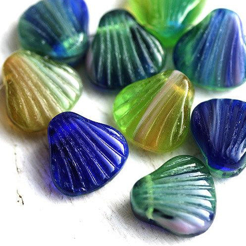 5Pc Shell beads Mix, Blue Green Czech glass beads - 15mm