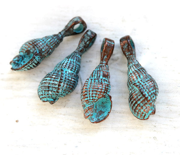 4pc Cone Shell copper charm 22mm, Green patina