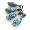 4pc Cone Shell copper charm 22mm, Green patina