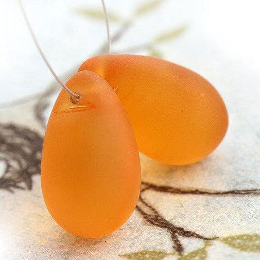2Pc Matte Amber Yellow Large Teardrops, czech glass Briolettes - 15x24mm
