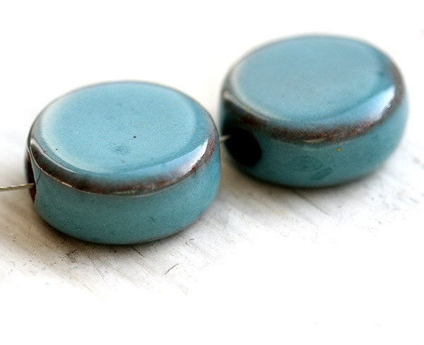 2pc Turquoise Blue Ceramic coin beads, enamel coating 17mm