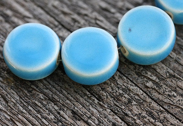 2pc Sky Blue Ceramic coin beads, enamel coating, 17mm