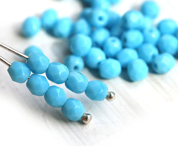4mm Opaque blue Czech glass beads, Fire polished faceted spacers - 50Pc