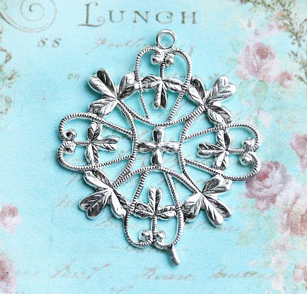 1pc Silver Filigree Clover Round ornament shamrock pendant