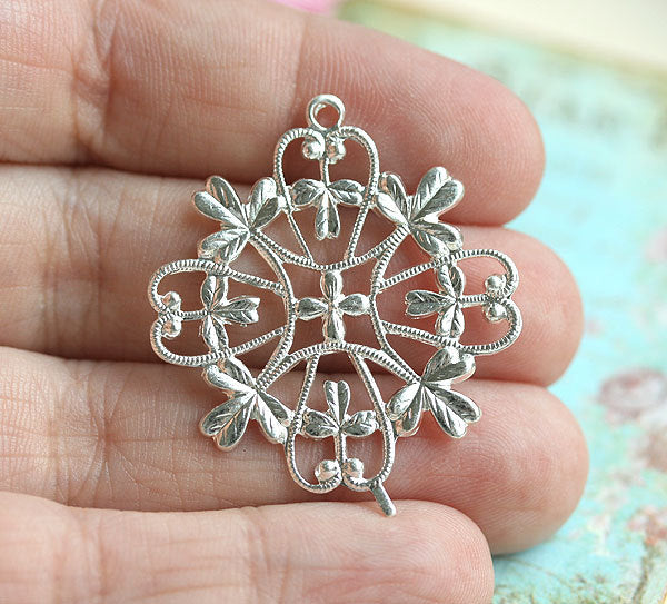 1pc Silver Filigree Clover Round ornament shamrock pendant
