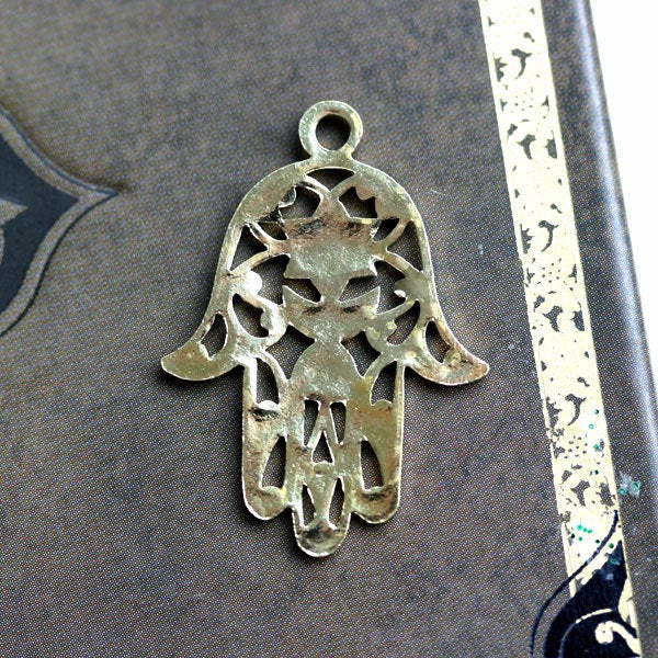Golden Hamsa hand charm Filigree raw brass pendant - 1Pc