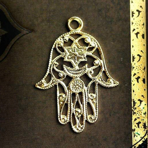 Golden Hamsa hand charm Filigree raw brass pendant - 1Pc