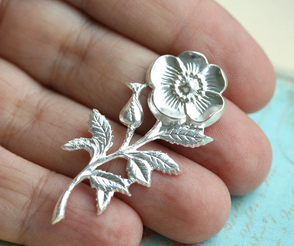 1pc Silver plated rosehip branch stamping 45mm