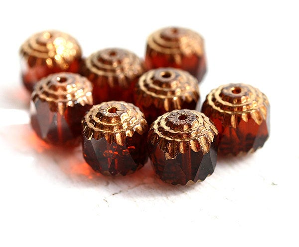 10mm Brown Topaz cathedral czech glass beads, golden ends, fire polished 10Pc