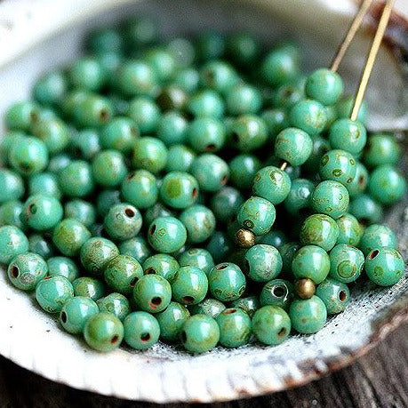 3mm Turquoise green Picasso beads, czech glass small round druk spacers - 200Pc