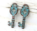 2pc Skeleton key charms, Green patina on copper 32x12mm