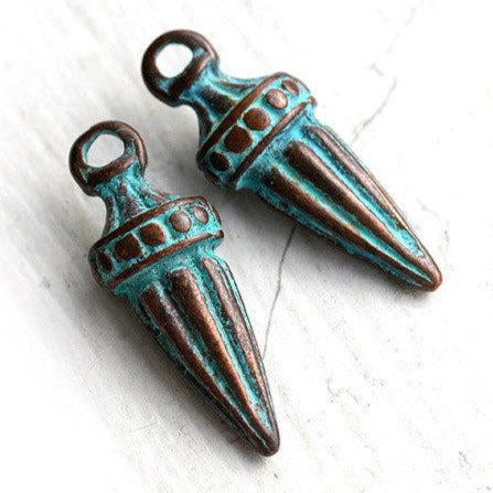2pc Long Spike Ornament jewelry charms, green patina 25mm
