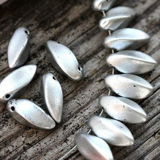 20pc Silver Twist beads - Matte Silver Czech glass beads - 12x6mm