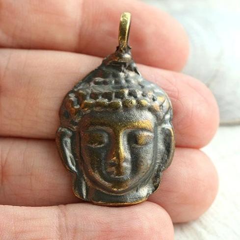 Buddha face pendant bead Antique brass