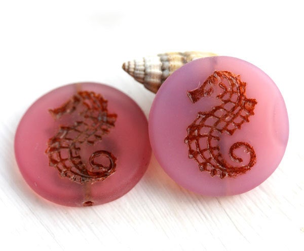2Pc Seaglass Pink Seahorse bead, czech Picasso glass beads - 23mm