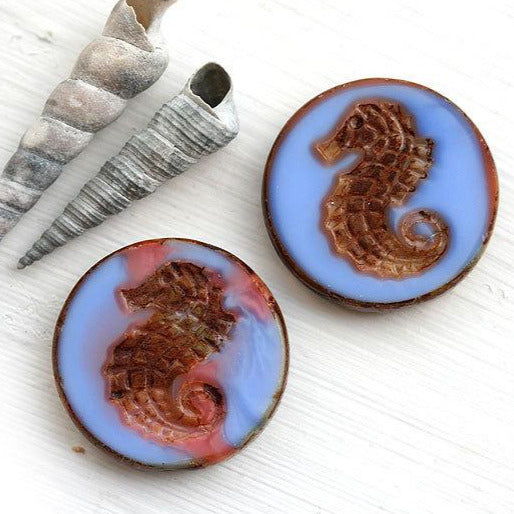 2Pc Seahorse - Mixed Pink Blue Picasso czech glass beads - 23mm