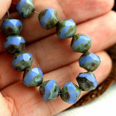 9mm Milky Cornflower Blue czech beads, picasso round cut fire polished nugget - 12Pc